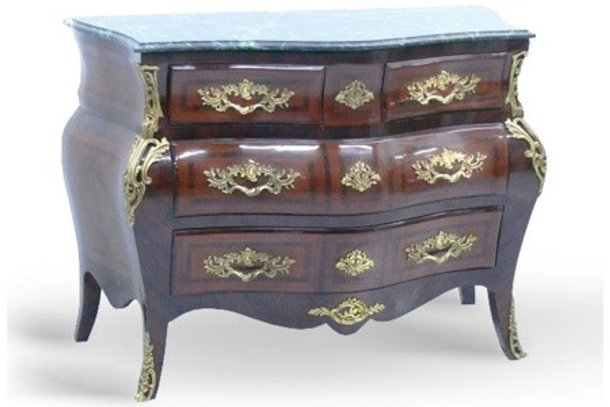Barock Kommode mit Marmorplatte Mahagonie Braun mit goldenen Metallapplikationen 120 cm - Hotel Collection