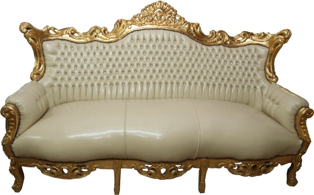 Barock 3er Sofa Master Creme Lederoptik / Gold mit Bling Bling Glitzersteinen - Antik Stil Möbel