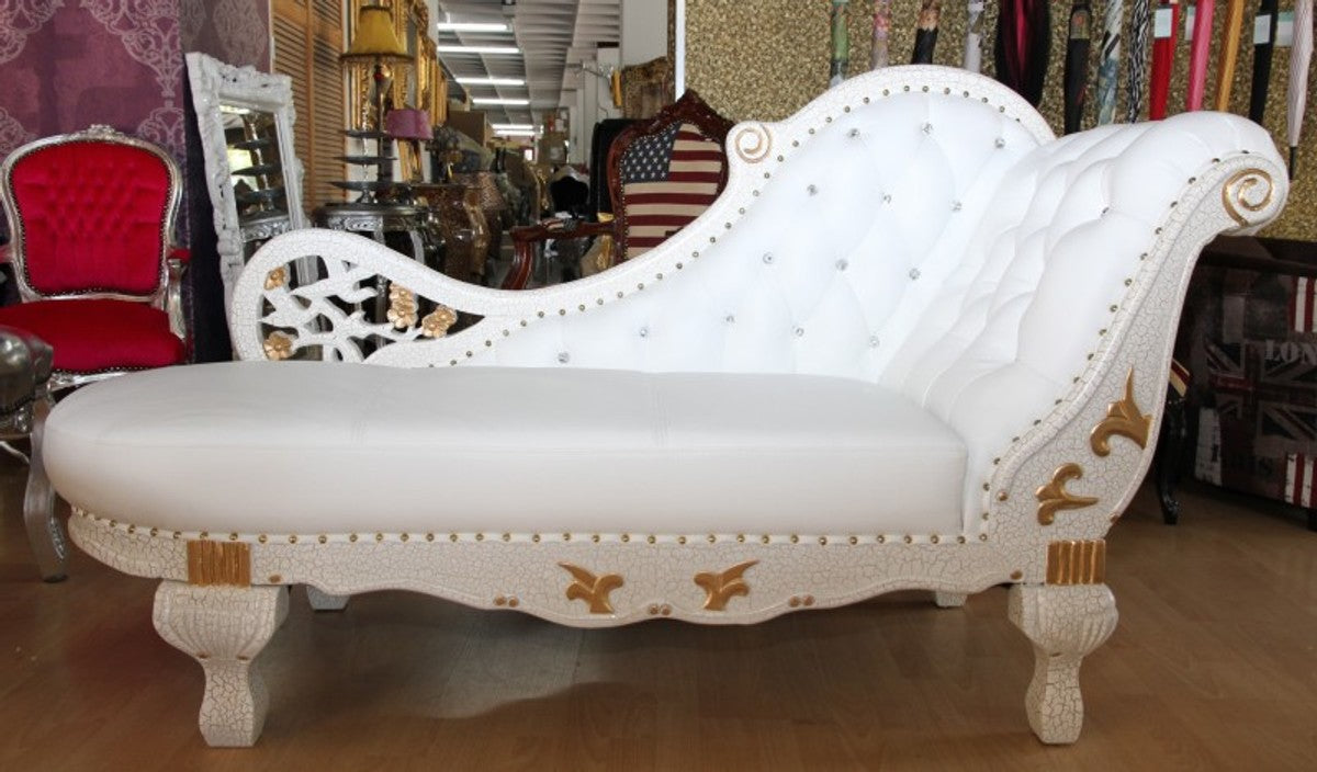 Barock Chaiselongue Weiß / Gold / Echt Leder Chaise Lonque - Recamiere aus dem Hause - Liege Sofa Wohnzimmer Möbel