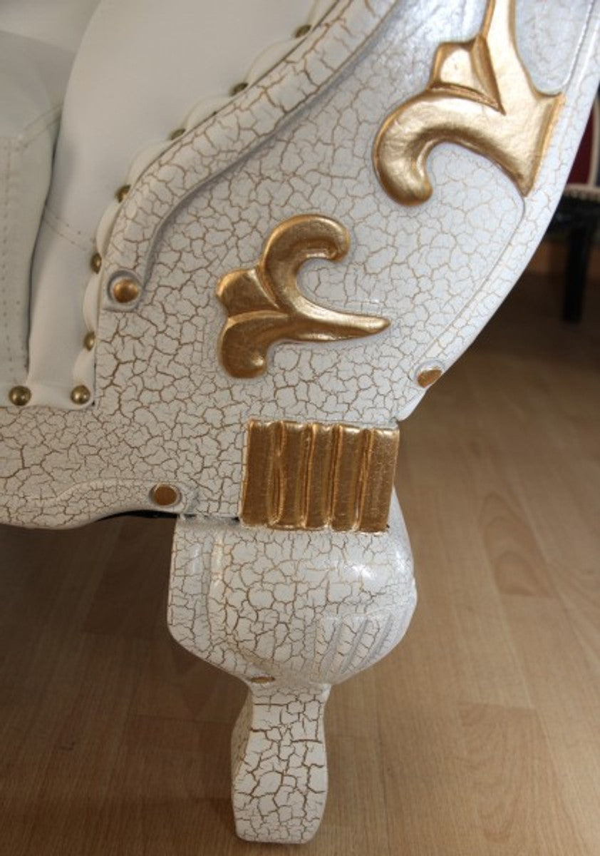Barock Chaiselongue Weiß / Gold / Echt Leder Chaise Lonque - Recamiere aus dem Hause - Liege Sofa Wohnzimmer Möbel