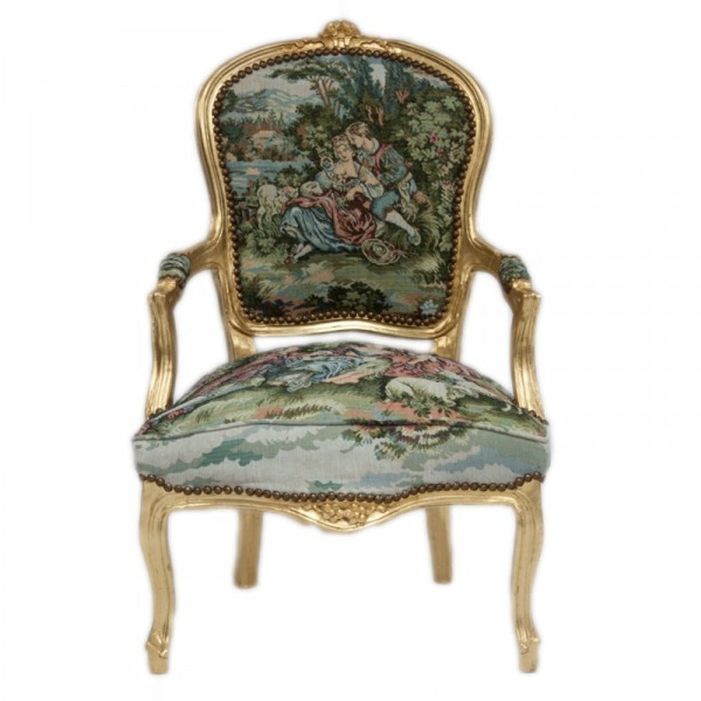 Barock Salon Stuhl Gobelin / Gold