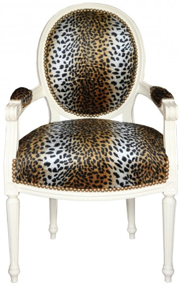 Barock Salon Stuhl Leopard Muster / Creme Mod2 Rund
