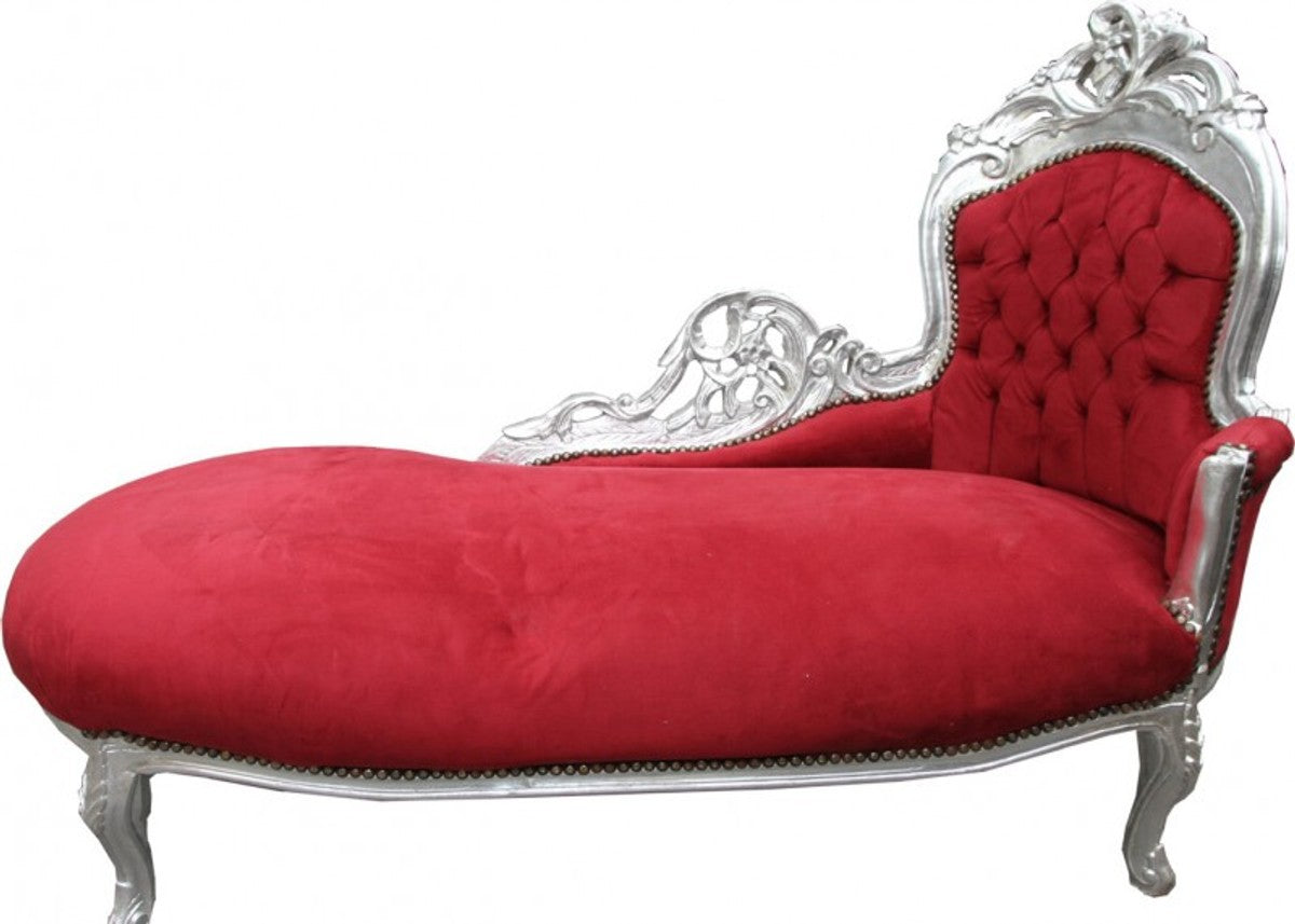 Barock Chaiselongue Bordeaux Rot / Silber - Lounge Liege Recamiere Möbel