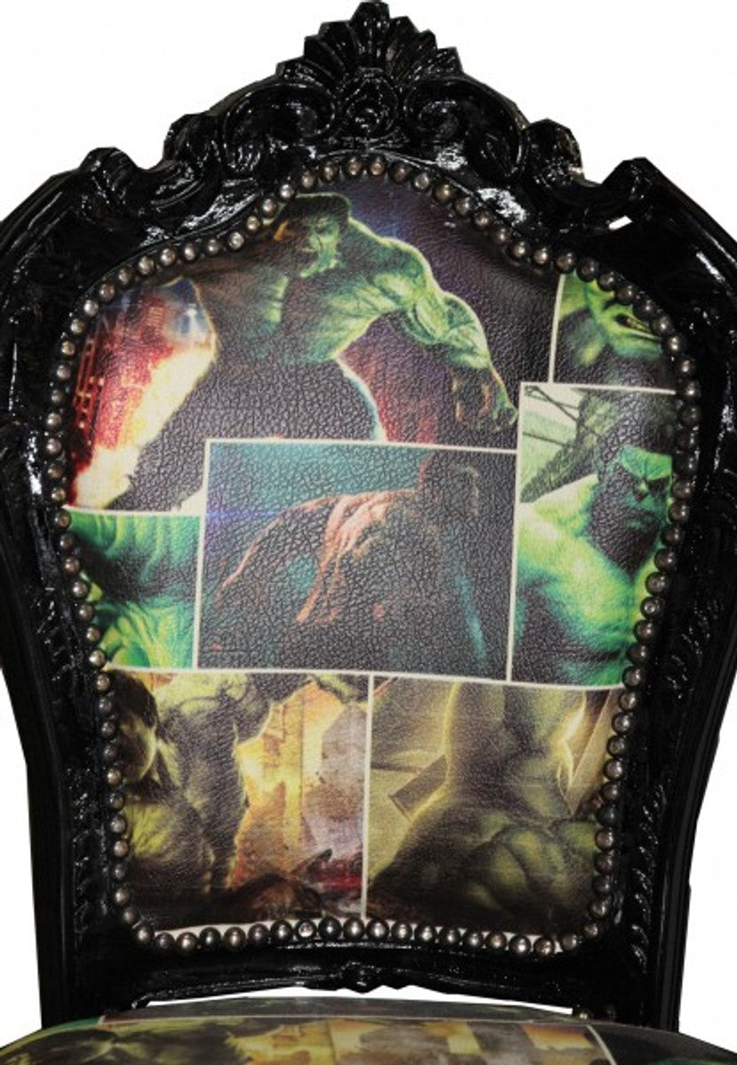 Barock Esszimmer Stuhl Comic Design / Schwarz Lederoptik Möbel Antik Stil - Limited Edition!