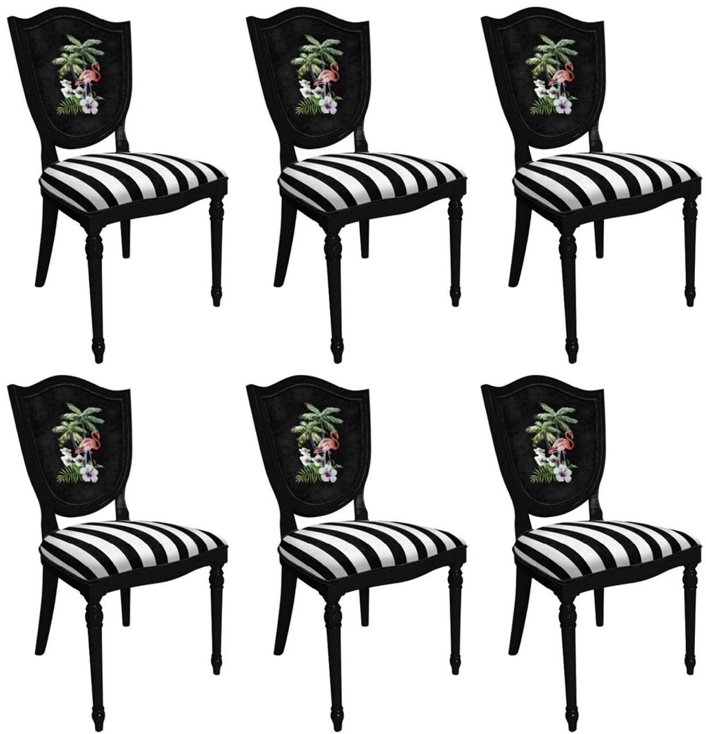 Art Deco Esszimmerstuhl Set Weiß / Mehrfarbig / Schwarz - 6 Handgefertigte Art Deco Küchen Stühle mit Design und Streifen - Art Deco Esszimmer Möbel