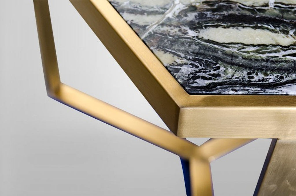 Art Deco Beistelltisch Gold Metall / Marmor 55 x 47 cm- Jugendstil Tisch - Möbel Blumentisch