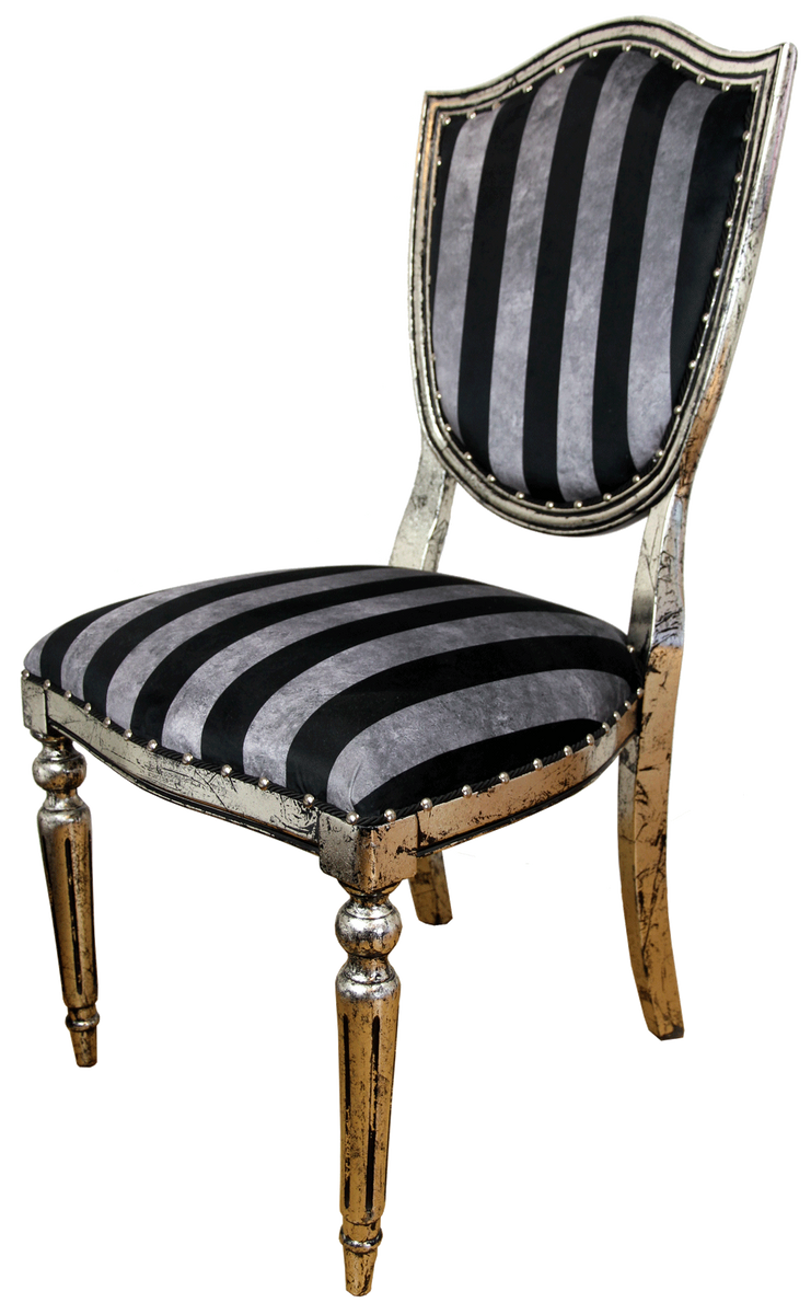 Art Deco Luxus Esszimmer Stuhl Schwarz Silber Streifen / Antik Stil Silber 52,5 x 59 x H. 104 cm - Luxus Hotel Möbel