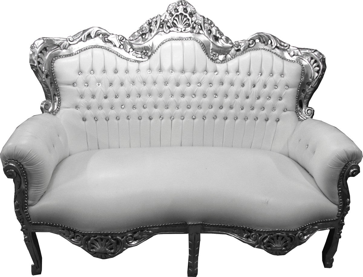 Barock 2-er Sofa King Weiß Lederoptik / Silber mit Bling Bling Glitzersteinen - Wohnzimmer Couch Möbel Lounge