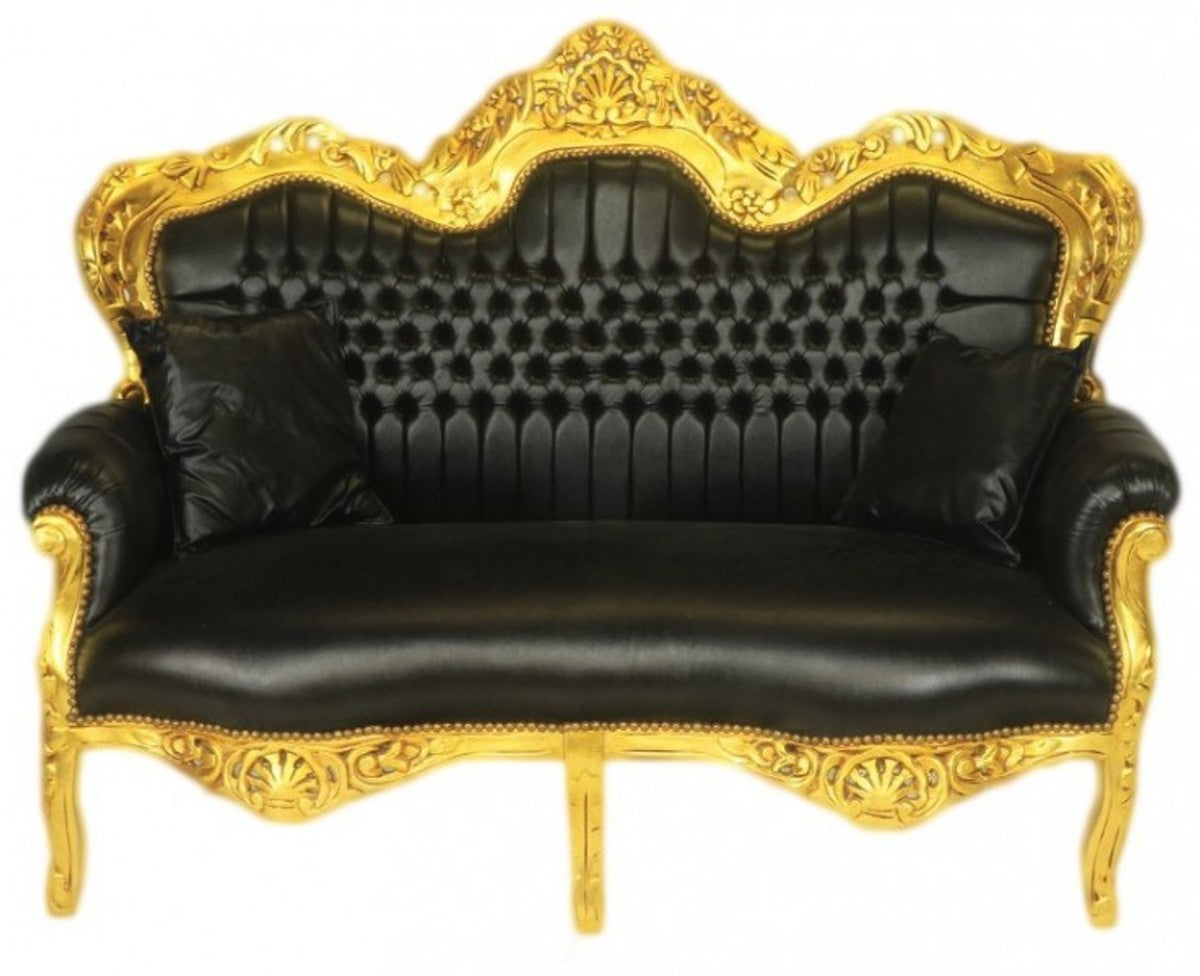 Barock 2er Sofa Master Schwarz Lederoptik / Gold - Wohnzimmer Couch Möbel Lounge