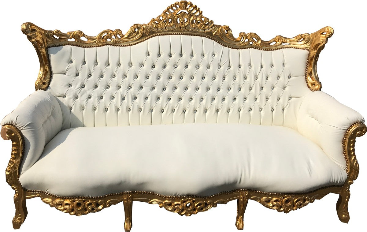 Barock 3-er Sofa Master Weiss / Gold mit Bling Bling Glitzersteinen - Antik Möbel