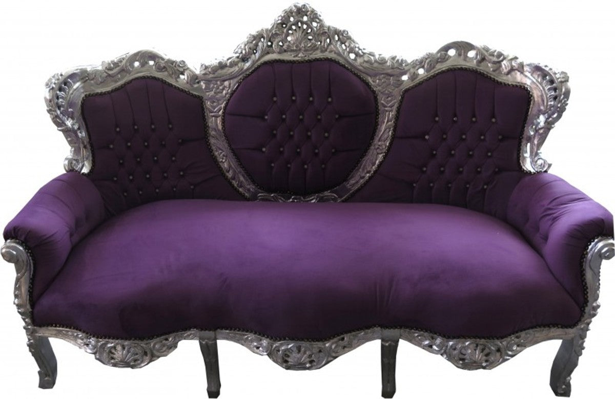 Barock 3er Sofa King Lila / Silber mit Bling Bling Glitzersteinen - Wohnzimmer Couch Möbel Lounge