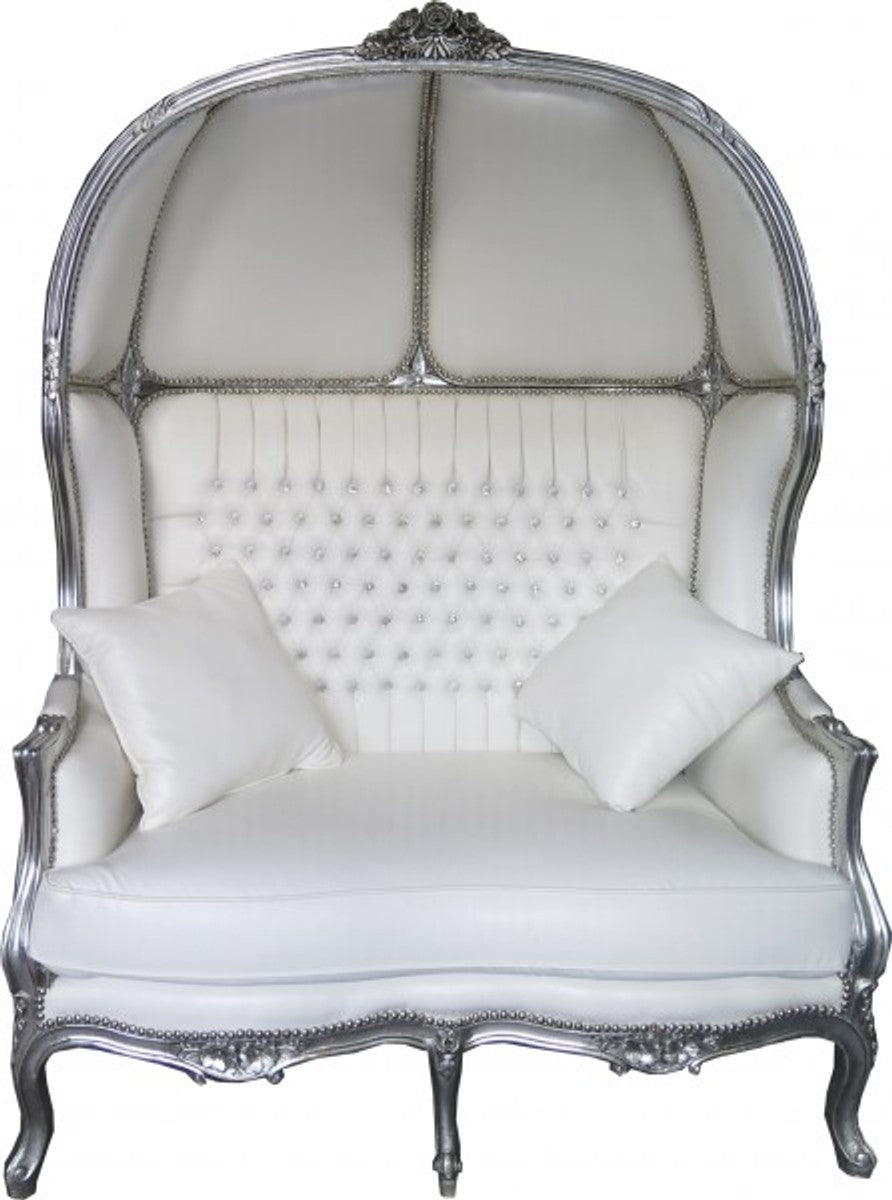 Barock 2er Ballon Sofa Weiß Lederoptik / Silber - Wohnzimmer Couch Möbel Lounge Hochzeit