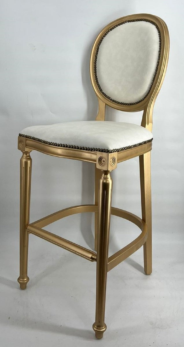 Barock Barstuhl Hellgrau / Gold - Handgefertigter Massivholz Barhocker mit edlem Samtstoff - Barock Bar Möbel - Edel & Prunkvoll