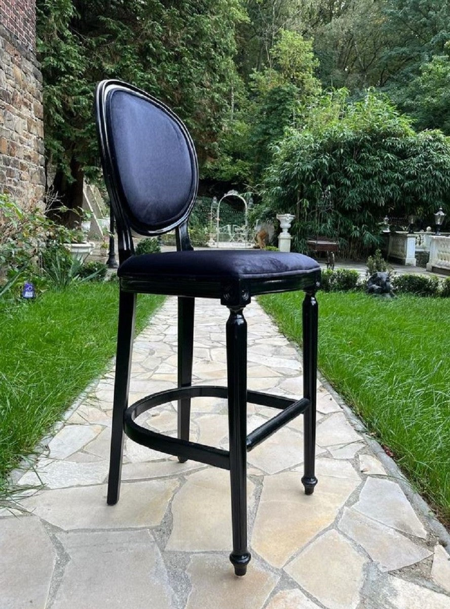 Barock Barstuhl Schwarz - Prunkvoller Barockstil Massivholz Barhocker mit edlem Samtstoff - Barock Bar Möbel