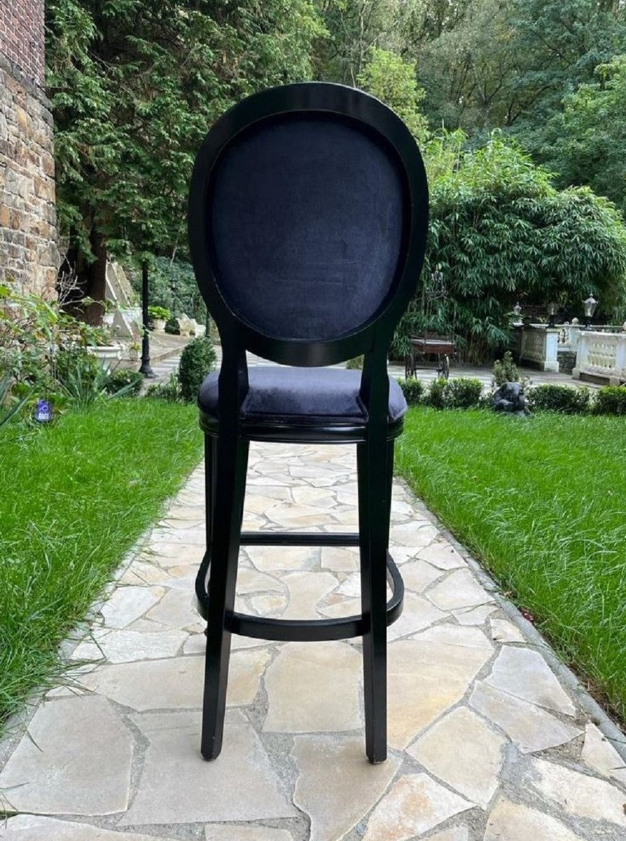 Barock Barstuhl Schwarz - Prunkvoller Barockstil Massivholz Barhocker mit edlem Samtstoff - Barock Bar Möbel