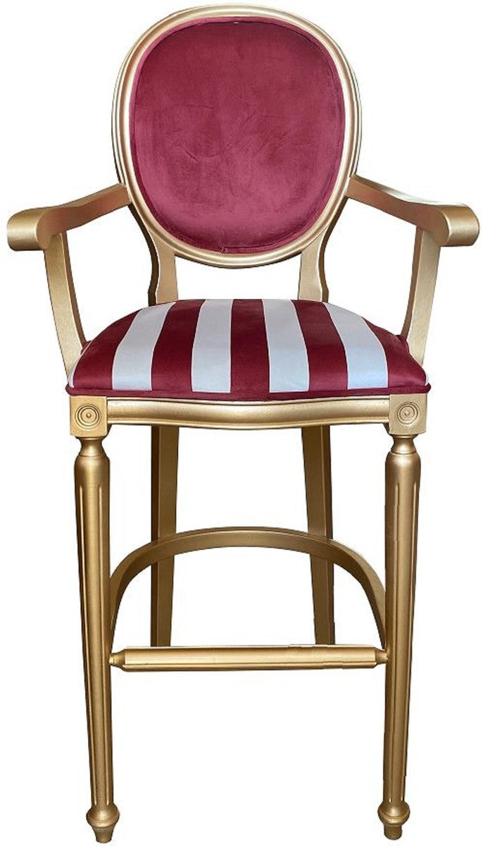 Barock Barstuhl mit Armlehnen Bordeauxrot / Weiß / Gold - Gestreifter Antik Stil Samt Barhocker - Handgefertigte Barock Barmöbel