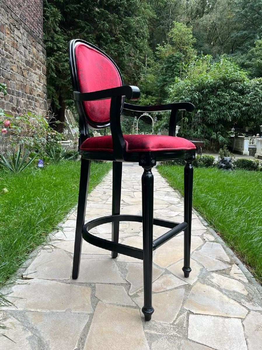 Barock Barstuhl mit Armlehnen Bordeauxrot / Schwarz - Prunkvoller Barockstil Massivholz Barhocker mit edlem Samtstoff - Barock Bar Möbel