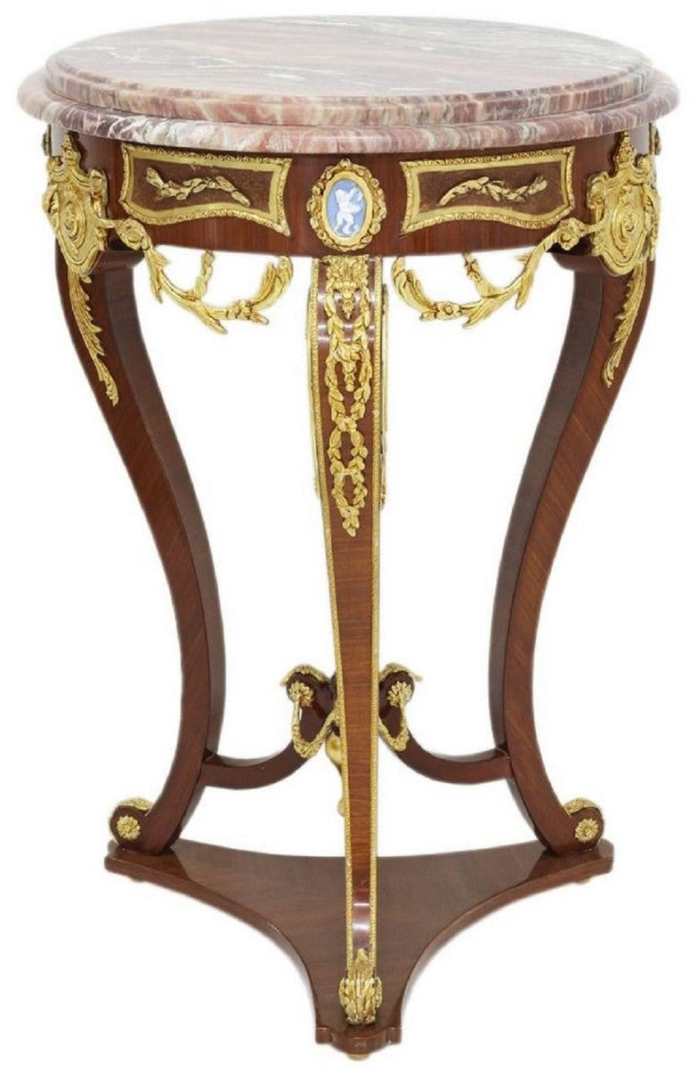 Barock Beistelltisch Braun / Gold / Rot Ø 55 x H. 78 cm - Runder Massivholz Tisch im Barockstil - Barock Wohnzimmer Möbel