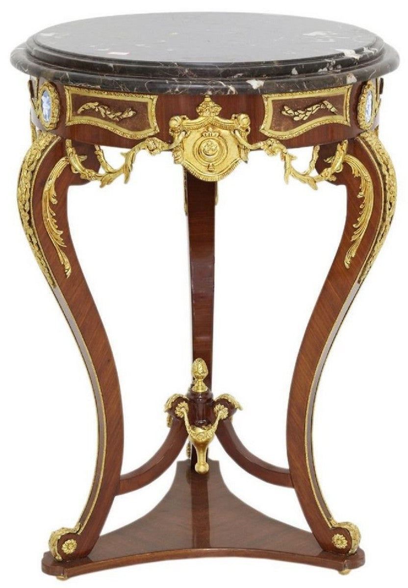 Barock Beistelltisch Braun / Gold / Schwarz Ø 55 x H. 78 cm - Runder Massivholz Tisch im Barockstil - Barock Wohnzimmer Möbel