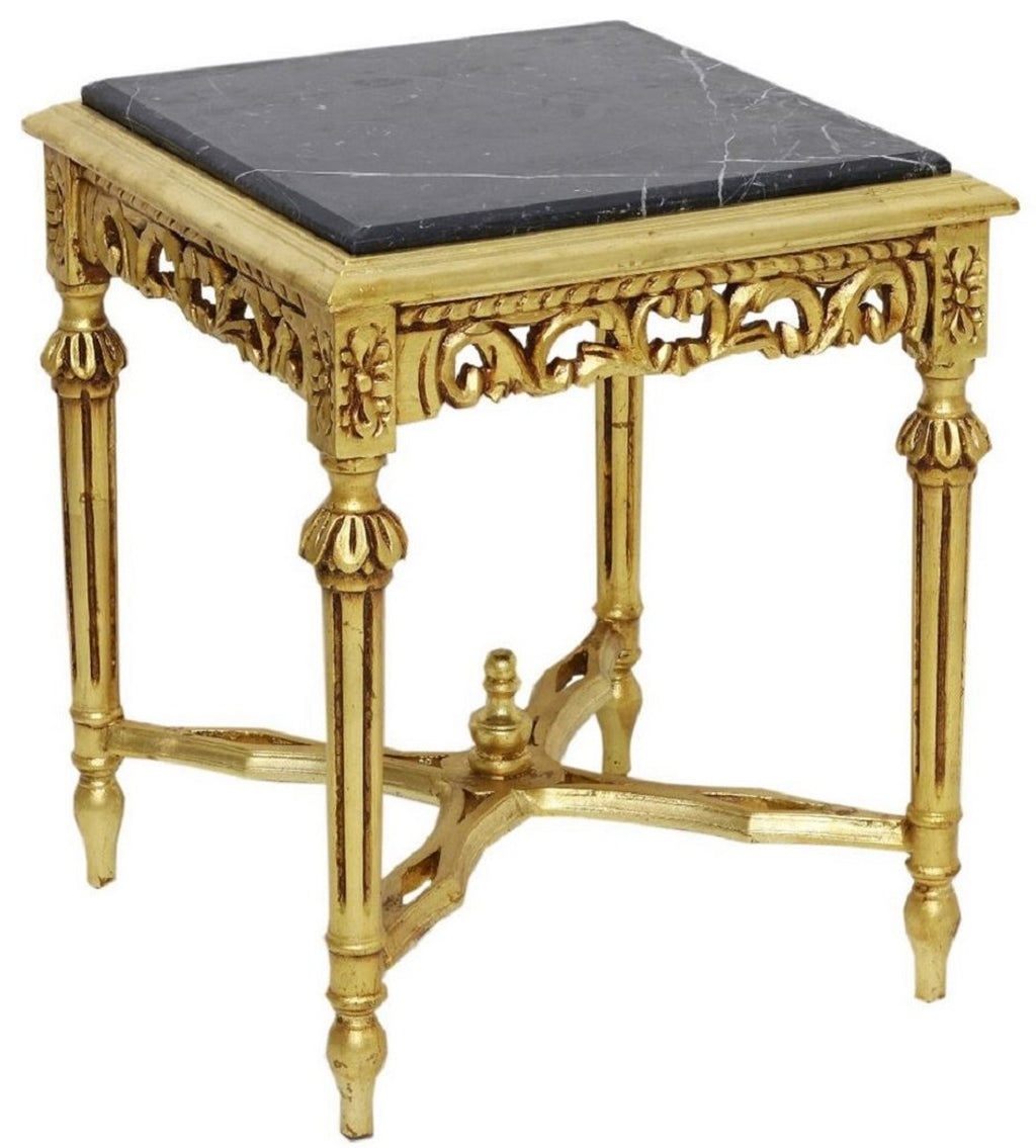 Barock Beistelltisch Gold / Schwarz - Handgefertigter Massivholz Tisch mit Marmorplatte - Barock Wohnzimmer Möbel