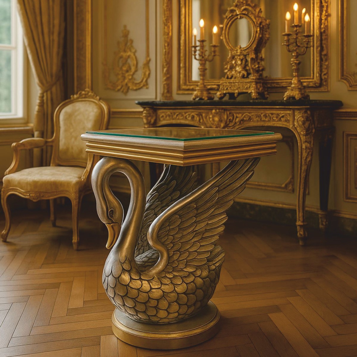 Barock Beistelltisch Schwan mit Glasplatte Silber / Gold H. 78 cm - Barock Interior