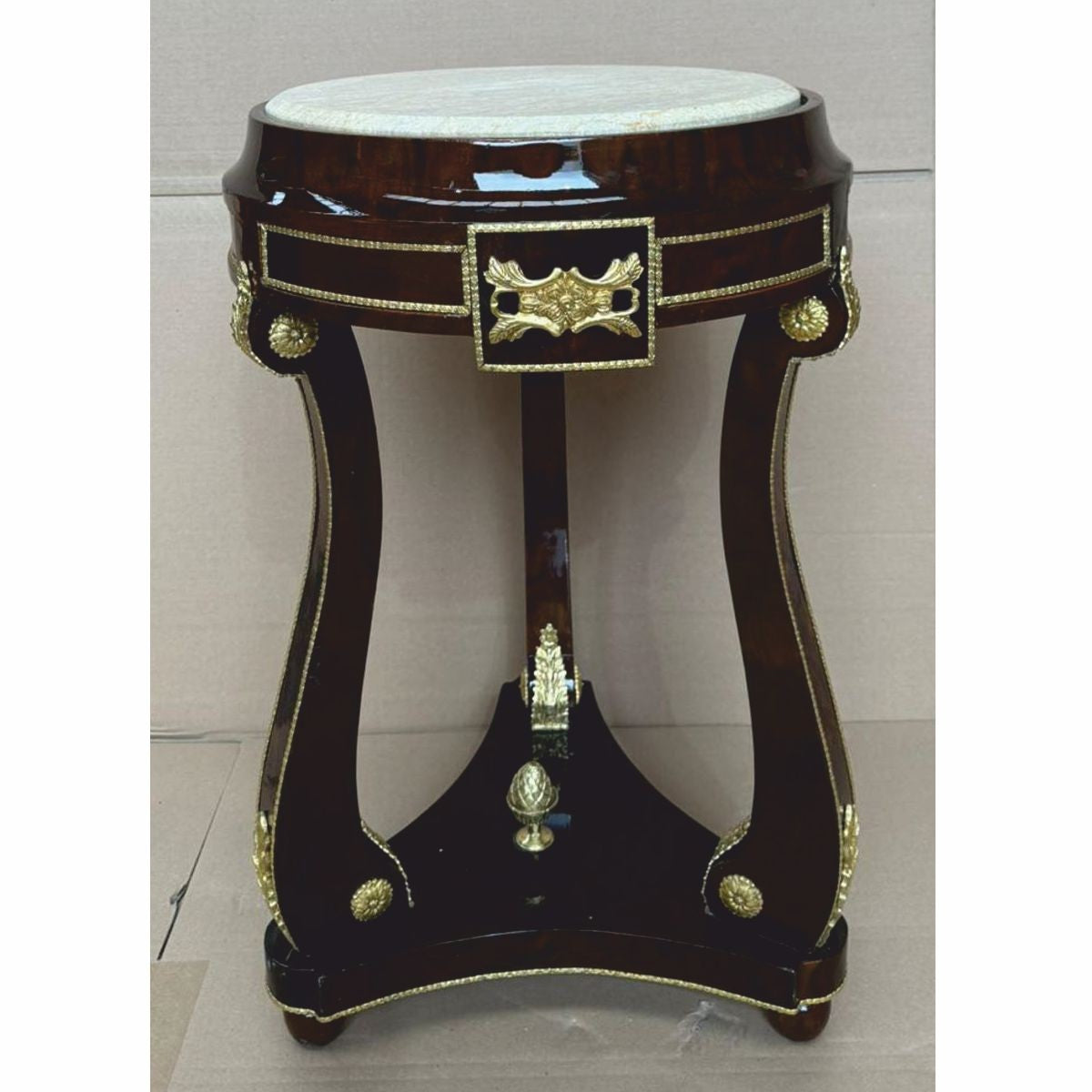 Barock Beistelltisch mit Marmorplatte Dunkelbraun / Gold / Grau H. 73 cm