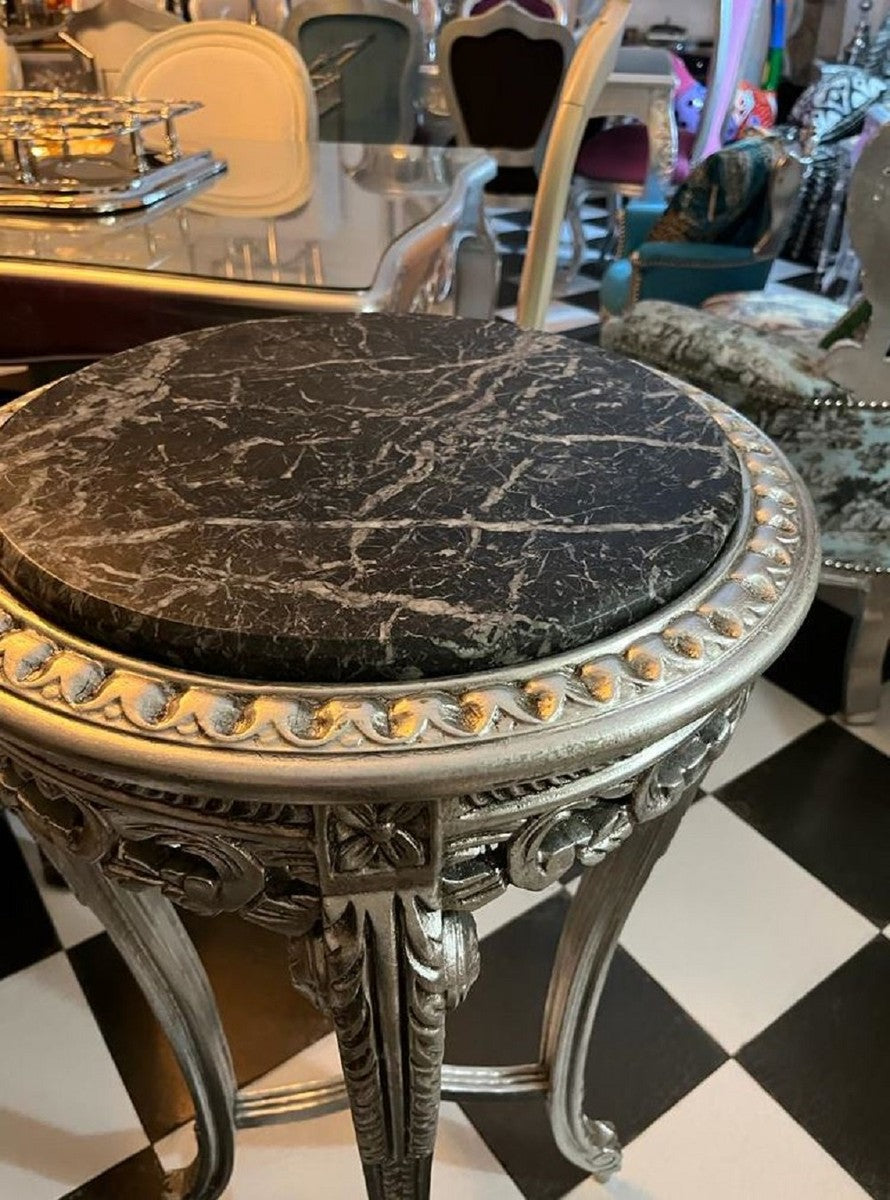 Barock Beistelltisch Silber / Schwarz - Runder Massivholz Tisch mit Marmorplatte im Barockstil - Wohnzimmer Möbel im Barockstil - Barock Möbel
