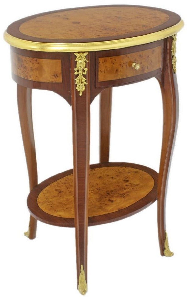 Barock Beistelltisch Dunkelbraun / Hellbraun / Gold 50 x 35 x H. 75 cm - Ovaler Massivholz Tisch mit Schublade - Barock Wohnzimmer Möbel