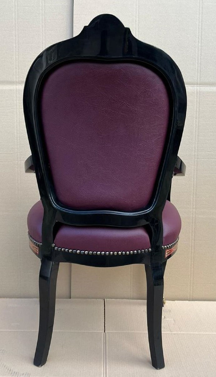 Barock Boulle Esszimmer Stuhl mit Armlehnen Lila / Schwarz / Rot / Gold - Prunkvoller Schreibtisch Stuhl mit edlem Kunstleder - Esszimmer Möbel im Barockstil - Barock Boulle Möbel