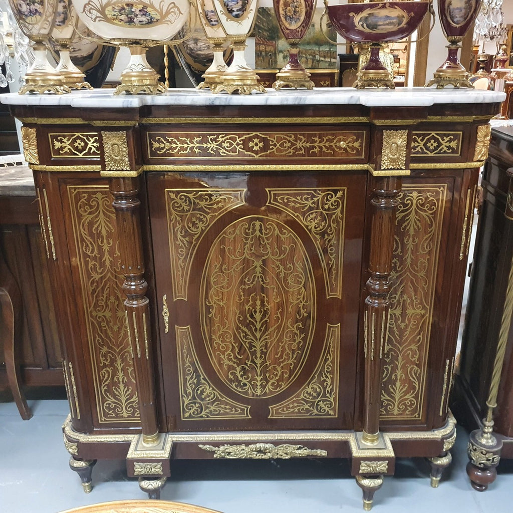Barock Boulle Kommode Braun / Gold mit weißer Marmorplatte 130 cm - Möbel Schrank Sideboard