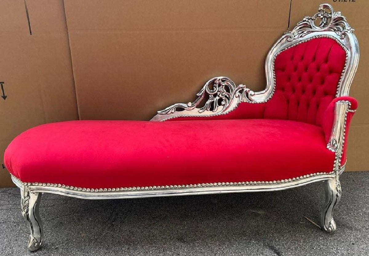 Barock Chaiselongue Rechte Seite Rot / Silber - Handgefertigte Massivholz Recamiere - Barock Wohnzimmer Möbel - Edel & Prunkvoll
