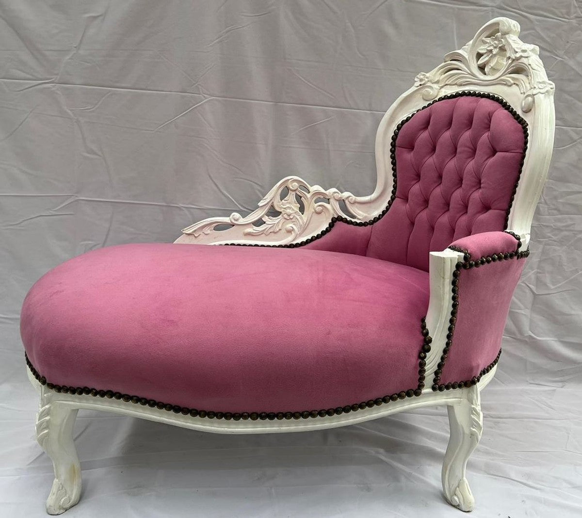 Barock Kinder Chaiselongue Rosa / Weiß - Handgefertigte Massivholz Recamiere mit edelm Samtstoff - Kinder Möbel im Barockstil - Barock Kinderzimmer Möbel