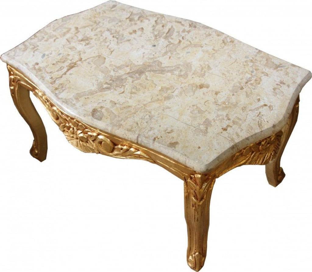 Barock Couchtisch Gold mit cremefarbener Marmorplatte 99 x 63 cm - Limited Edition