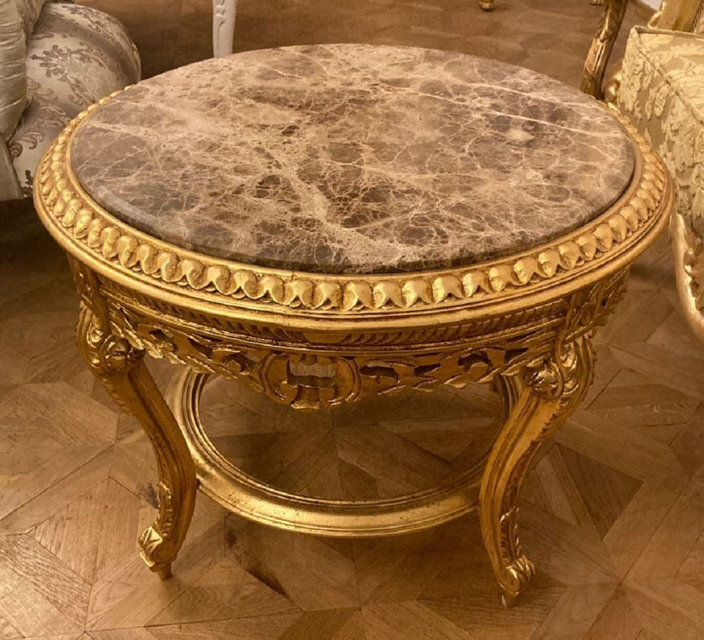 Barock Couchtisch mit Marmorplatte Gold / Grau - Runder Massivholz Wohnzimmertisch im Barockstil - Barockstil Wohnzimmer Möbel - Barock Möbel - Antik Stil Wohnzimmer Möbel