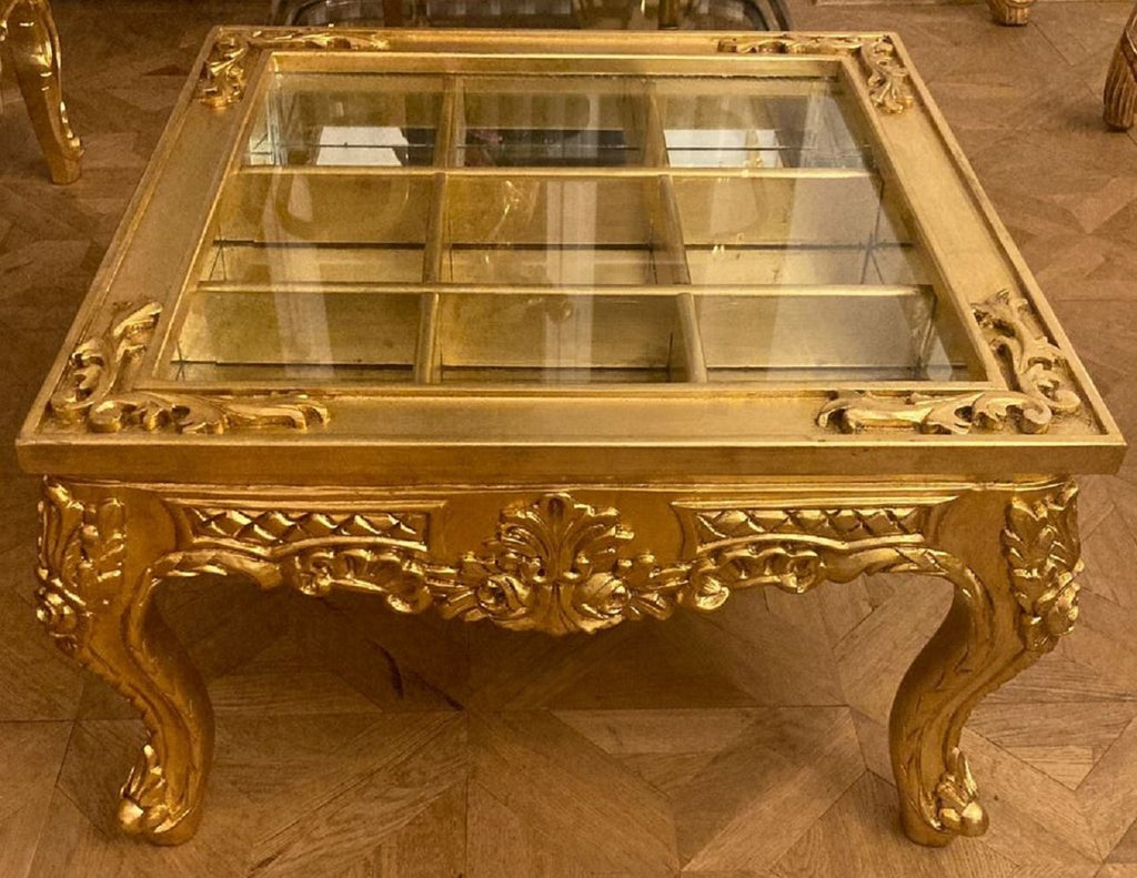 Barock Couchtisch mit aufklapparer Tischplatte Gold - Prunkvoller Massivholz Wohnzimmertisch im Barockstil - Barockstil Wohnzimmer Möbel - Barock Möbel - Antik Stil Wohnzimmer Möbel