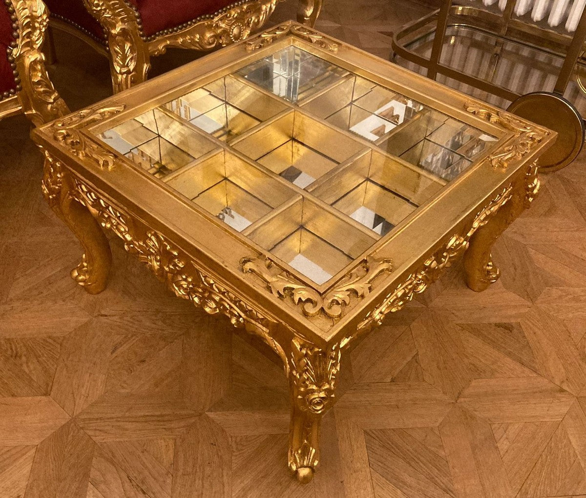 Barock Couchtisch mit aufklapparer Tischplatte Gold - Prunkvoller Massivholz Wohnzimmertisch im Barockstil - Barockstil Wohnzimmer Möbel - Barock Möbel - Antik Stil Wohnzimmer Möbel