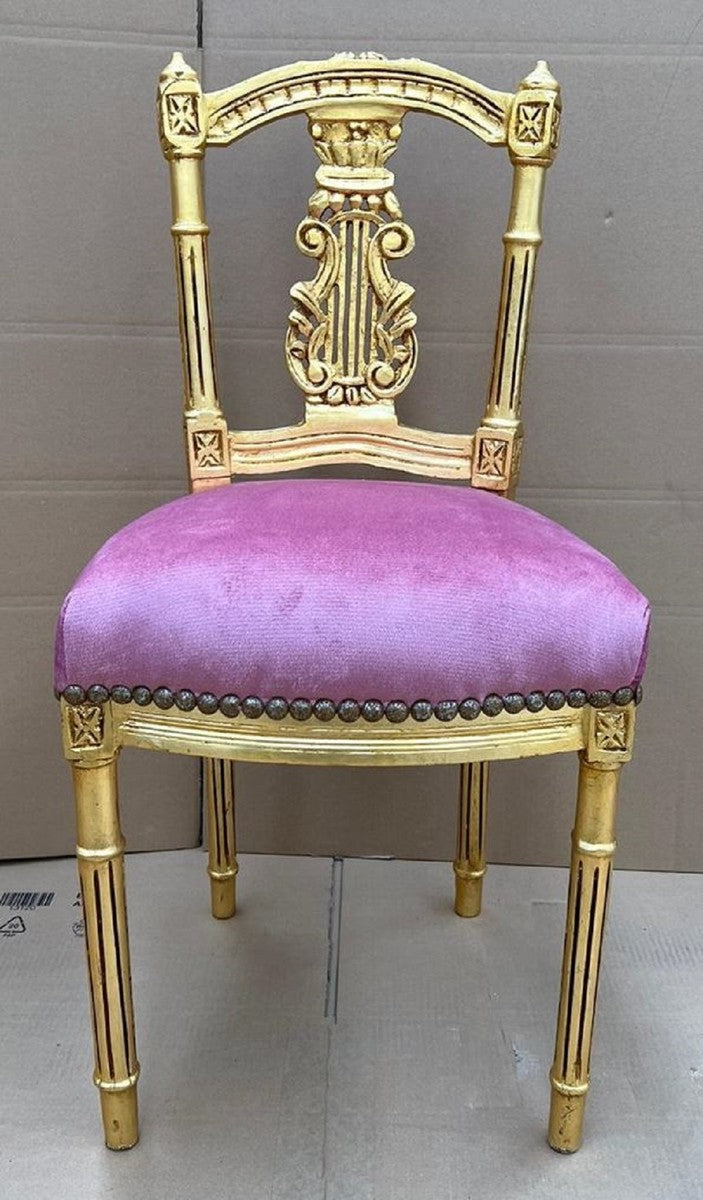 Barock Damen Stuhl Rosa / Gold - Handgefertigter Antik Stil Schminktisch Stuhl - Schlafzimmer Möbel im Barockstil - Barock Möbel