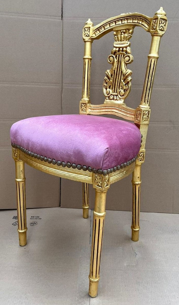 Barock Damen Stuhl Rosa / Gold - Handgefertigter Antik Stil Schminktisch Stuhl - Schlafzimmer Möbel im Barockstil - Barock Möbel