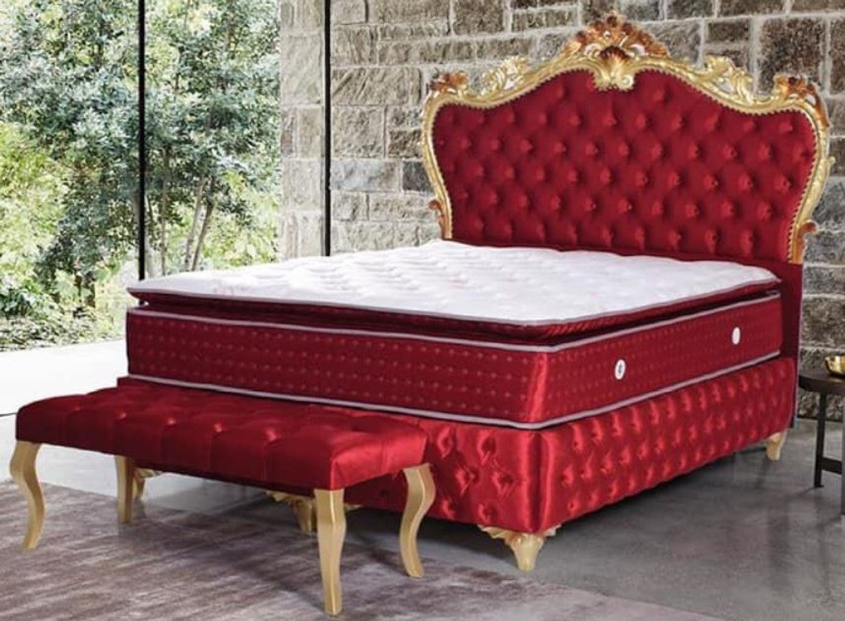 Barock Doppelbett Rot / Gold - Prunkvolles Samt Bett mit Matratze - Schlafzimmer Set im Barockstil - Schlafzimmermöbel