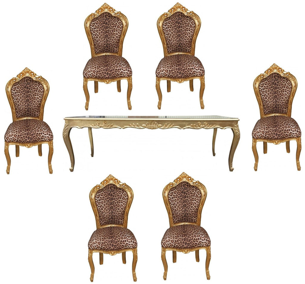 Barock Esszimmer Set Leopard/Gold - Esstisch + 6 Stühle ohne Armlehnen