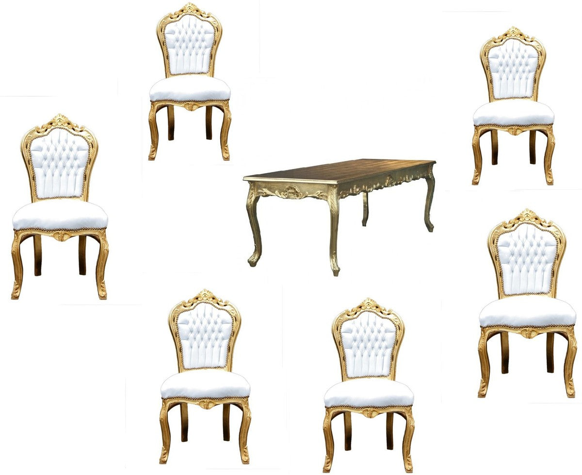 Barock Esszimmer Set Gold/Weiss - Esstisch + 6 Stühle ohne Armlehnen