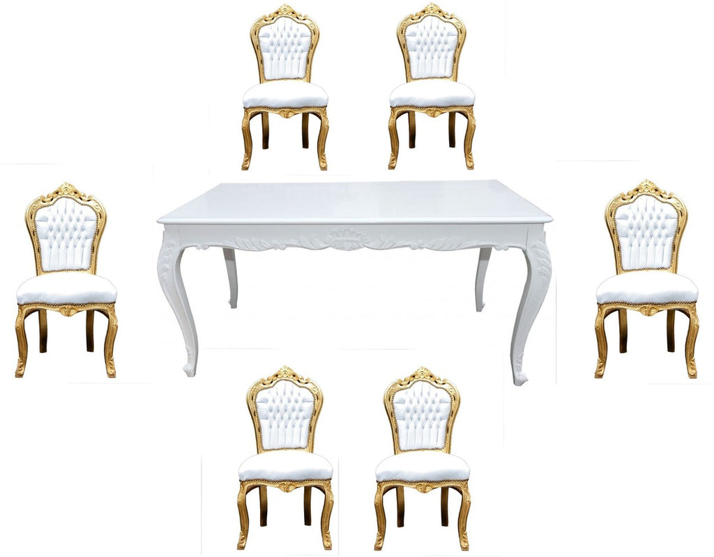 Barock Esszimmer Set Weiß/Gold - Esstisch + 6 Stühle ohne Armlehnen
