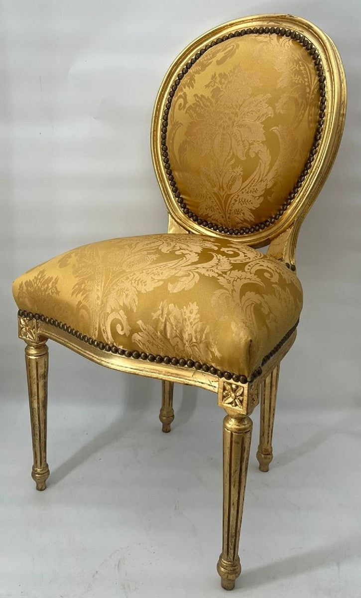 Barock Esszimmer Stuhl Medaillon Gold Muster / Gold - Handgefertigter Massivholz Antik Stil Küchen Stuhl mit Muster - Esszimmer Möbel im Barockstil - Barock Möbel
