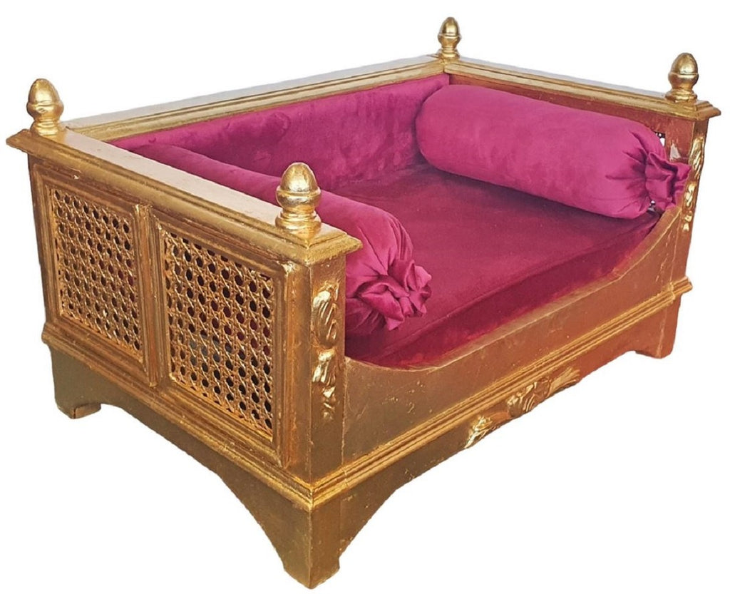 Barock Hundebett Bordeauxrot / Gold - Prunkvolles Antik Stil Hundebett - Handgefertigte Hunde Möbel im Barockstil - Antik Stil Tiermöbel - Barock Tiermöbel