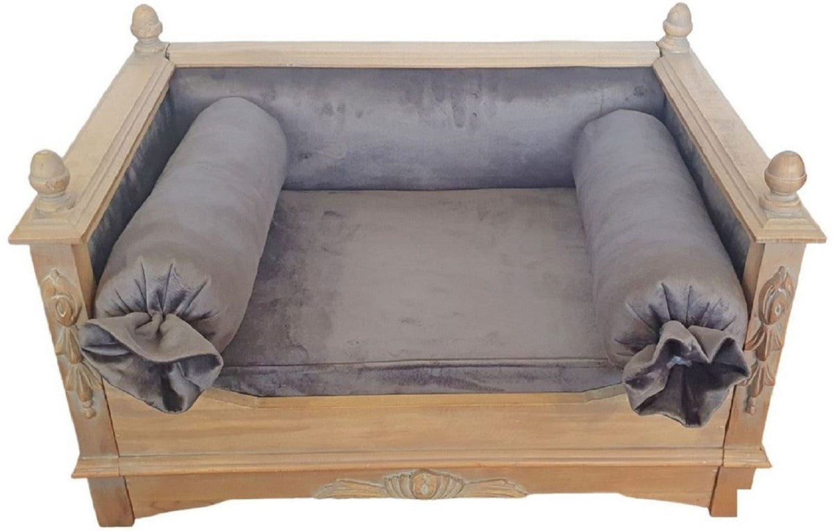 Barock Hundebett Grau / Naturfarben - Prunkvolles Antik Stil Hundebett - Handgefertigte Hunde Möbel im Barockstil - Antik Stil Tiermöbel - Barock Tiermöbel