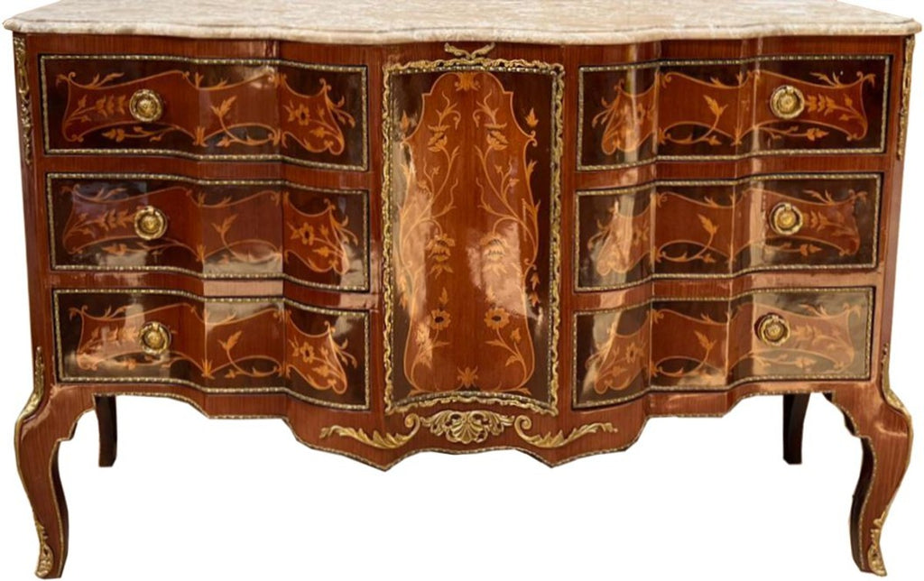 Barock Kommode Braun / Gold / Creme 138 x 50 x H. 88 cm - Handgefertigte Massivholz Kommode mit 6 Schubladen und Marmorplatte