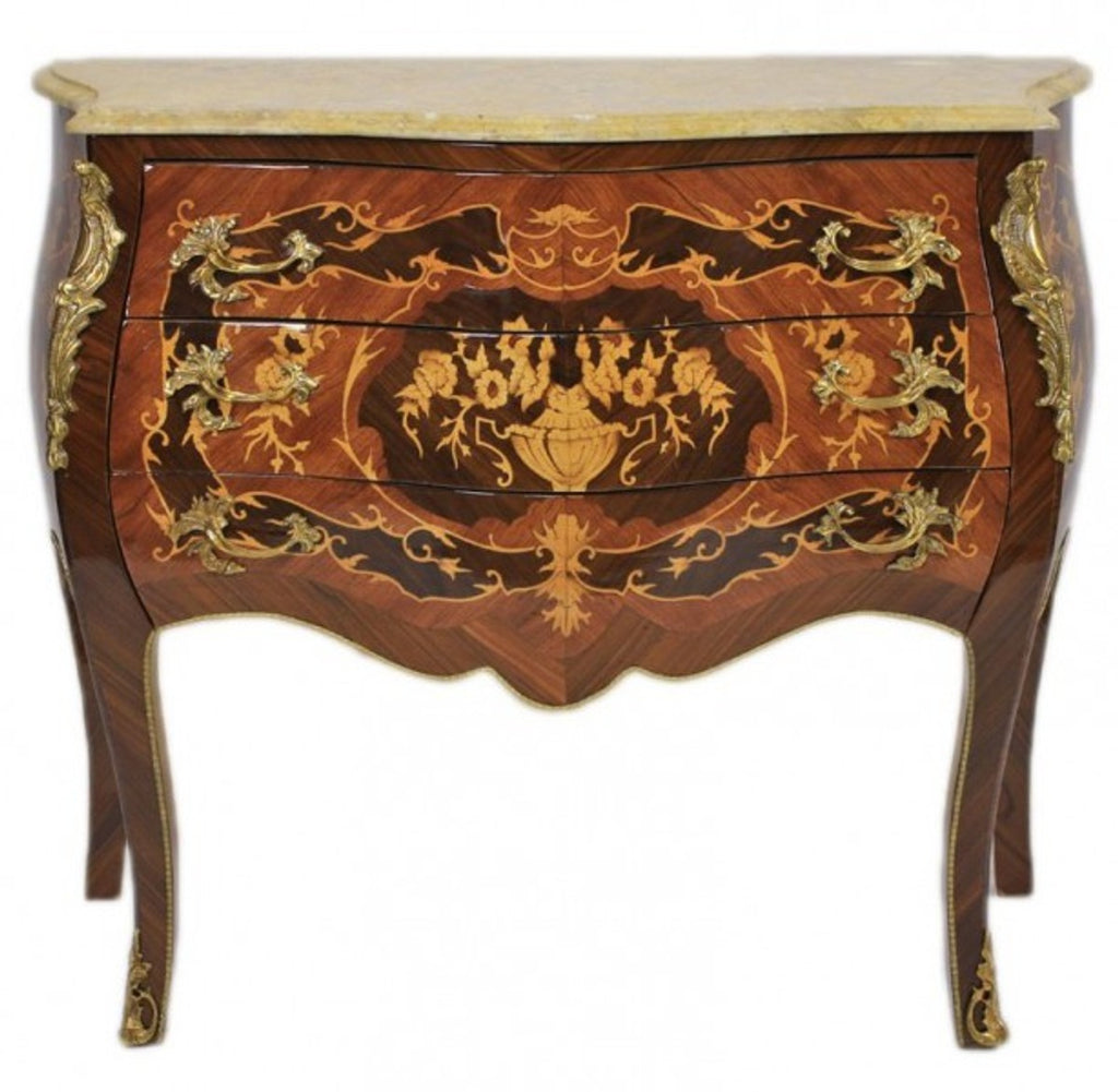 Barock Kommode Braun mit cremefarbener Marmorplatte 3 Schubladen - Empire Kommode