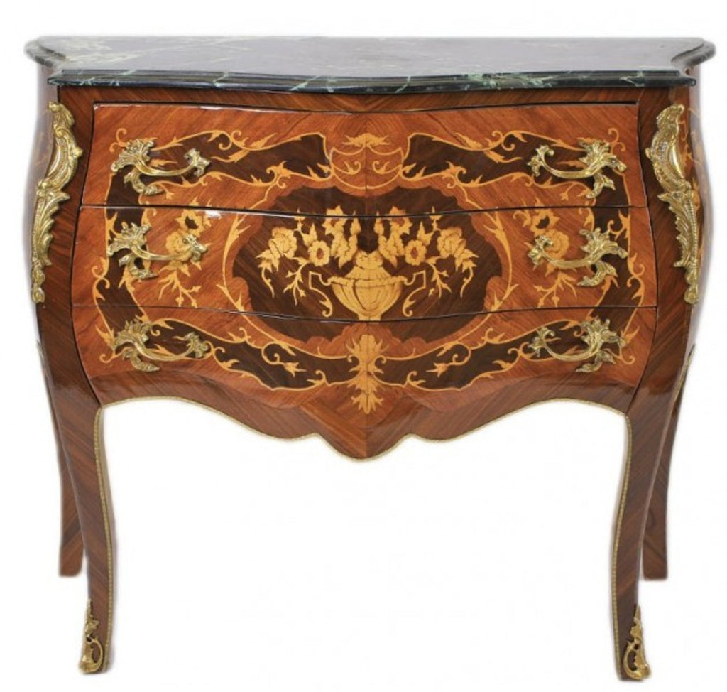 Barock Kommode Braun mit grüner Marmorplatte 3 Schubladen - Empire Kommode