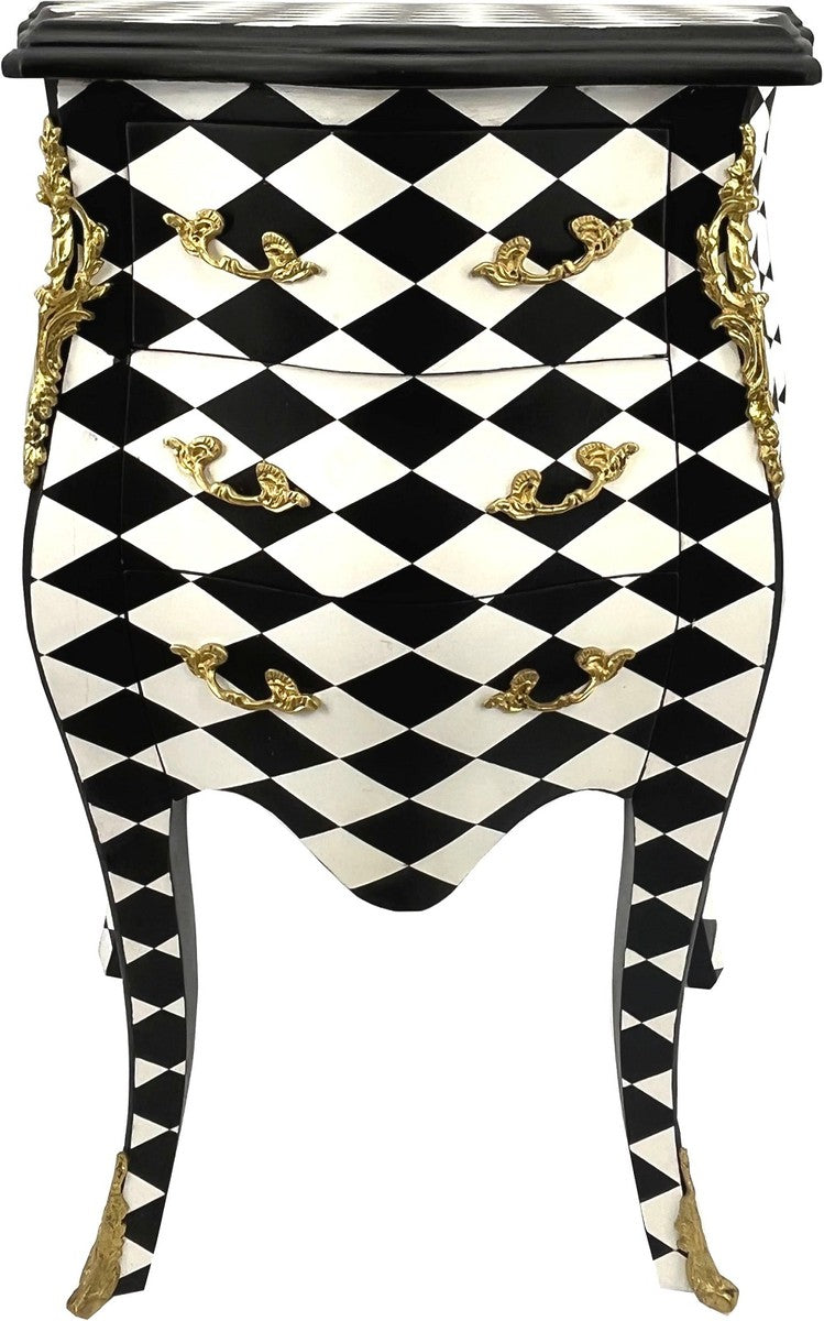 Barock Kommode Karo Design Schwarz / Weiß / Gold - Handgefertigte Barockstil Nachtkommode mit 3 Schubladen - Barock Möbel - Schlafzimmer Möbel im Barockstil - Edel & Prunkvoll