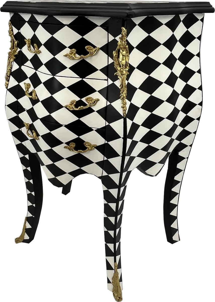 Barock Kommode Karo Design Schwarz / Weiß / Gold - Handgefertigte Barockstil Nachtkommode mit 3 Schubladen - Barock Möbel - Schlafzimmer Möbel im Barockstil - Edel & Prunkvoll